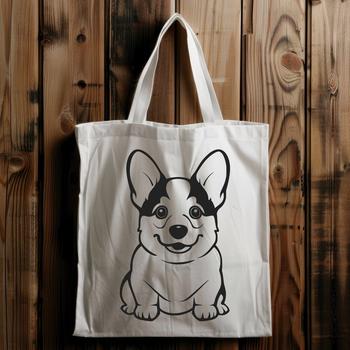A simple line drawing of a Welsh Corgi sitting on its haunches, depicted in full body pose.