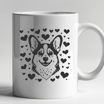A charming illustration of a Welsh Corgi's head with intricate love hearts surrounding its features.