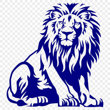 A full-body illustration of a lion sitting on its haunches, showcasing the animal's majestic features.
