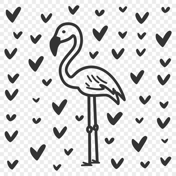 A full-body illustration of a flamingo with love hearts surrounding it.