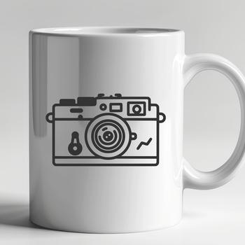 A simple line drawing of a camera with lens and viewfinder.