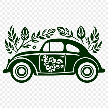 A simple line drawing of a vehicle with floral patterns on its body.