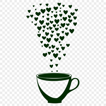 A stylized illustration of a coffee cup adorned with love hearts.