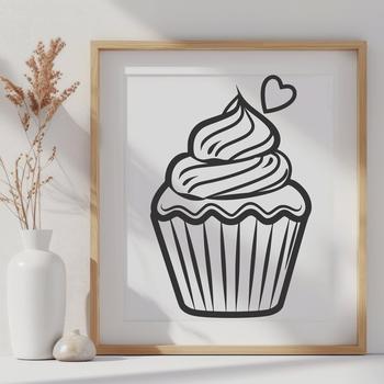 A simple line drawing of a cupcake with love hearts on top.
