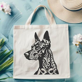 An ornate design featuring the profile of a Doberman Pinscher breed of dog.