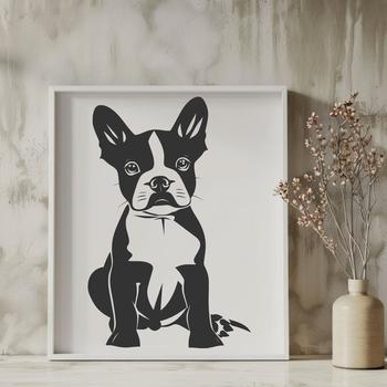 A full-body illustration of a sitting Boston Terrier dog breed, suitable for vector art and clipart designs.