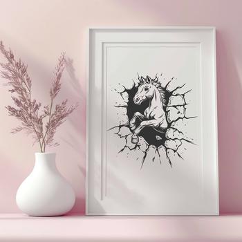 A stylized illustration of a horse breaking through a wall.