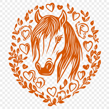 A stylized horse design with red heart symbols incorporated into its mane and tail, suitable for clip art or vector designs.