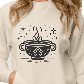 Illustrative witch's cauldron with magical potions and spell ingredients in a spooky Halloween setting.