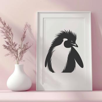 A cartoon illustration of a black and white penguin standing on the ice.