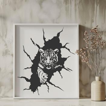 A large tiger bursting through a wooden wall, created as a vector design for cutting machines like Cricut or laser cutters.