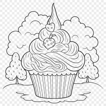A stylized illustration of a single cupcake with decorative frosting on top.