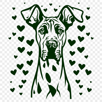 A detailed illustration of a Great Dane's head with heart-shaped accents, suitable for use in various digital formats.