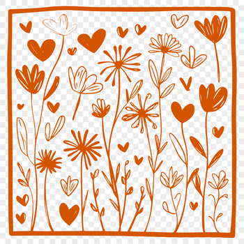 An ornate vector graphic representation of a single blooming wild flower with subtle heart motifs surrounding it.