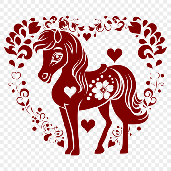 A stylized illustration of a horse with love hearts integrated into the design.