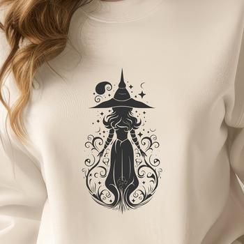 A detailed illustration of a full-body witch surrounded by mystical elements in an ornate setting.