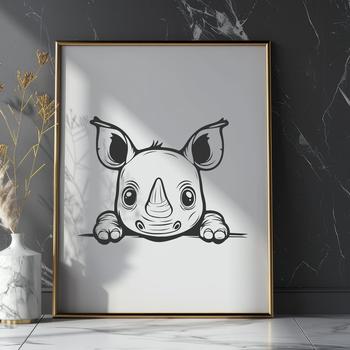 A vector illustration of a rhino peeking out from behind foliage in a savannah landscape.