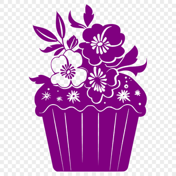 A colorful illustration of a decorated cupcake with floral elements on top.