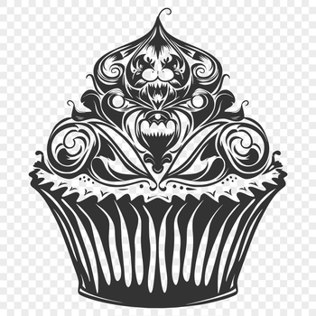 A colorful, ornate cupcake design with decorations and frosting.