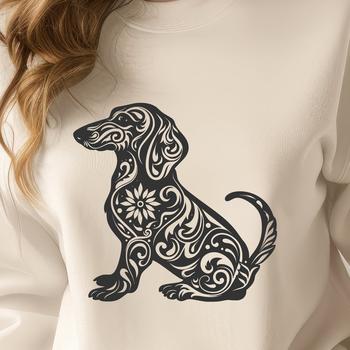 A full-body illustration of a sitting dachshund dog surrounded by ornate floral patterns.