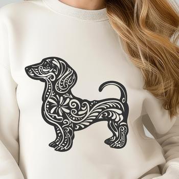 A standing dachshund with floral patterns on its fur, depicted in a full-body illustration.
