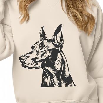 A portrait of a Doberman Pinscher with its head turned slightly to one side.