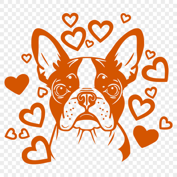 A stylized illustration of a Boston Terrier's head with intertwined love hearts.