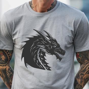 A detailed illustration of a mythical dragon's head with intricate scales and sharp claws.