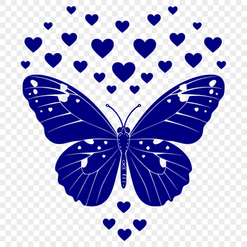 A colorful illustration of a butterfly with love hearts on its wings in full body view.