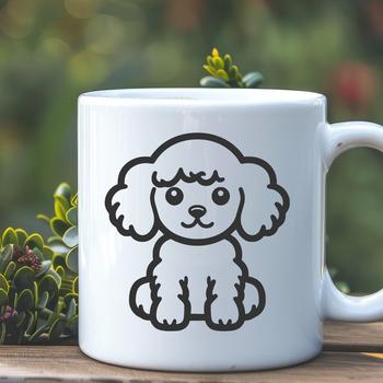 Simple line drawing of a full-body poodle sitting in profile.