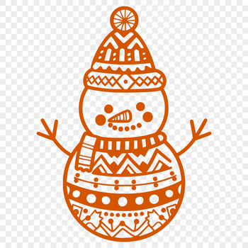 A cartoon winter snowman made from stacked snow blocks with a carrot nose and coal eyes.