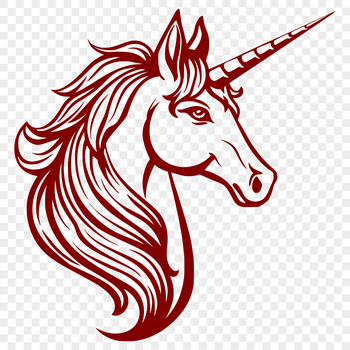 A stylized illustration of a mythical unicorn's head from various angles.