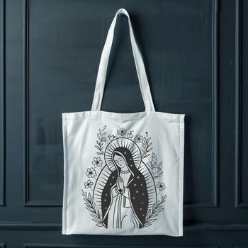 Iconic representation of the Virgin Mary with ornate floral patterns in a traditional religious style.