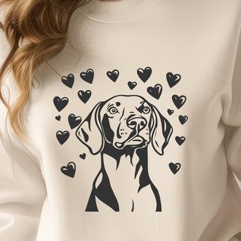 A high-quality digital illustration of a Weimaraner dog breed with love hearts.