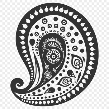 A stylized paisley pattern featuring intricate details and ornate design elements.