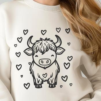 A detailed vector graphic of a Highland Cow with love hearts included in the design.