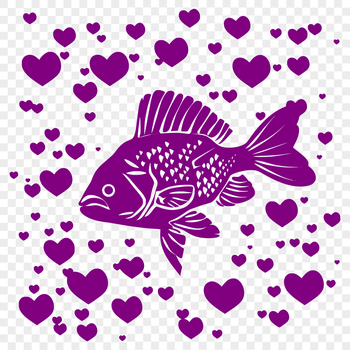 A colorful illustration of a full-body Crappie fish with heart patterns.