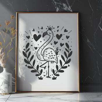 A full-body illustration of a flamingo with love hearts incorporated into the design.