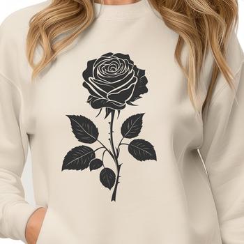 A stylized illustration of a single long-stemmed rose flower with detailed petals.