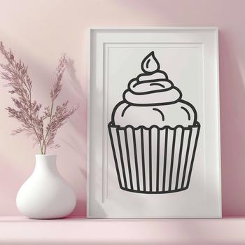 A simple line drawing of a cupcake with frosting and sprinkles on top.