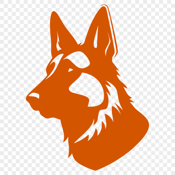 A close-up illustration of a German shepherd's head with detailed features.