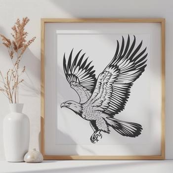 A realistic illustration of a bird in flight, with the entire eagle visible from head to tail.