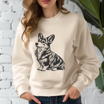 An isolated, vector artwork design featuring a Welsh Corgi breed dog sitting down.