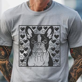 Boston Terrier dog breed illustration with love hearts on its head.