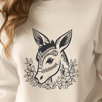 A cartoon donkey head with ornate floral details, suitable for vector design projects.