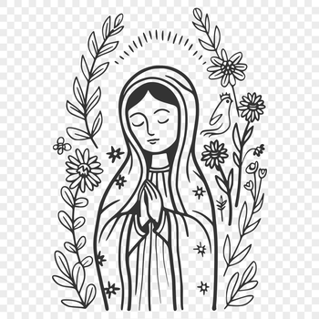 Ornate illustration of the Virgin Mary in a floral pattern, suitable for vector graphics and digital design.