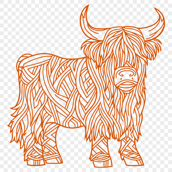 A full-body illustration of a Highland cow standing in a natural setting, suitable for farm-themed designs.