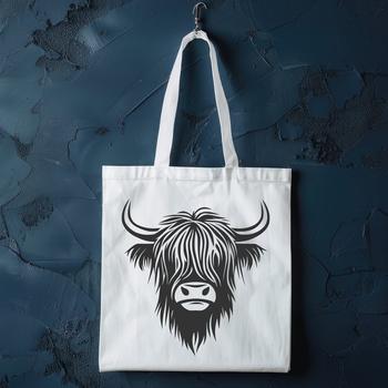 A portrait of a Scottish Highland Cow with distinctive horns.