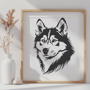 A portrait illustration of a Siberian Husky's head.