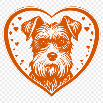 A stylized illustration of a miniature dog's head with love hearts around it.